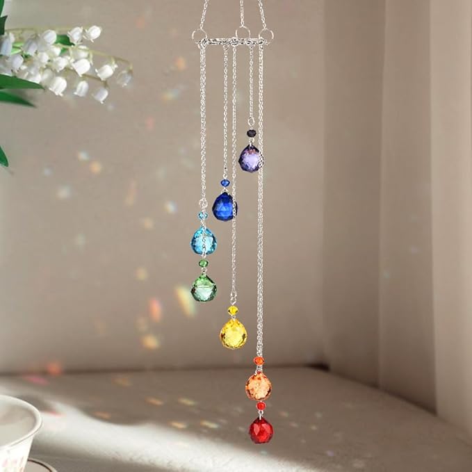 Rainbow Suncatcher Crystal Sun Catcher Colorful Prisms Wind Chime Garden Suncatchers for Windows Hanging Crystals Sun Catchers Wind Chimes for Outside Stained Glass Window Hanging Decor Windchimes