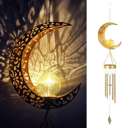 Solar Wind Chimes for Outside, Moon Hanging Solar Lights with Crackle Glass Ball, Waterproof LED Wind Chime Outdoor Decor for Garden Patio Yard, Memorial Gift for Mom Grandma