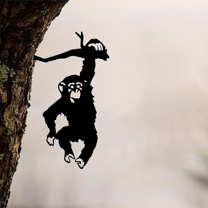FJXQTCXD Hanging Monkey Tree Stump Plug-in Art Silhouette Metal Wall Art Home Garden Yard Patio Outdoor Statue, Yard Art Decor
