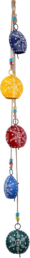 36" Hanging Metal Bells – Hand-Painted Rustic Wind Chime with 5 Large Cowbells on Jute Rope & Glass Beads – Vintage Door Hanging, Fireplace, Garden, Patio, Boho & Christmas Decor (Multi 36")