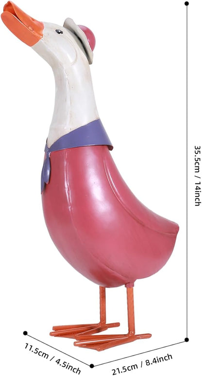 14" Retro Metal Porch Goose Statue for Yard and Garden,Heavy Duty Iron Pink Garden Statues for Outside Duck Decor,Cartoon Yard Statues Outdoor Goose Decor as Duck Gifts Easy to Assemble