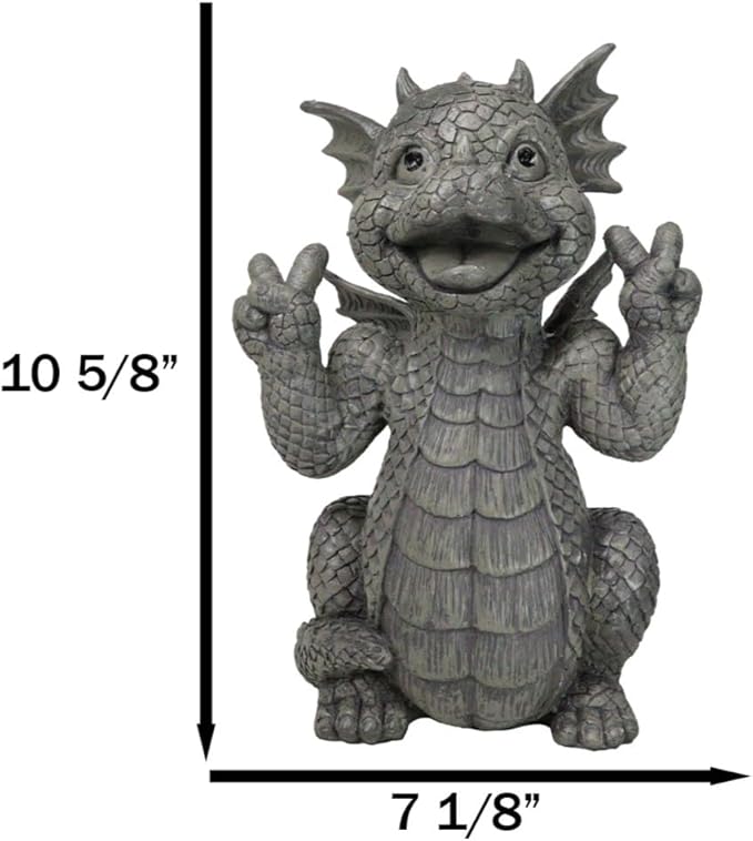 Ebros Whimsical Garden Dragon with Hippie Peace Sign Gesture Statue 10.5" Tall Cute Baby Dragonling Smiling Wide Faux Stone Resin Finish Figurine Home Decor Sculpture