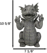 Ebros Whimsical Garden Dragon with Hippie Peace Sign Gesture Statue 10.5" Tall Cute Baby Dragonling Smiling Wide Faux Stone Resin Finish Figurine Home Decor Sculpture