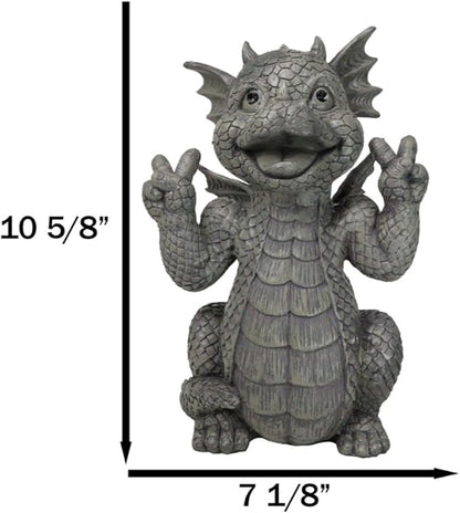Ebros Whimsical Garden Dragon with Hippie Peace Sign Gesture Statue 10.5" Tall Cute Baby Dragonling Smiling Wide Faux Stone Resin Finish Figurine Home Decor Sculpture