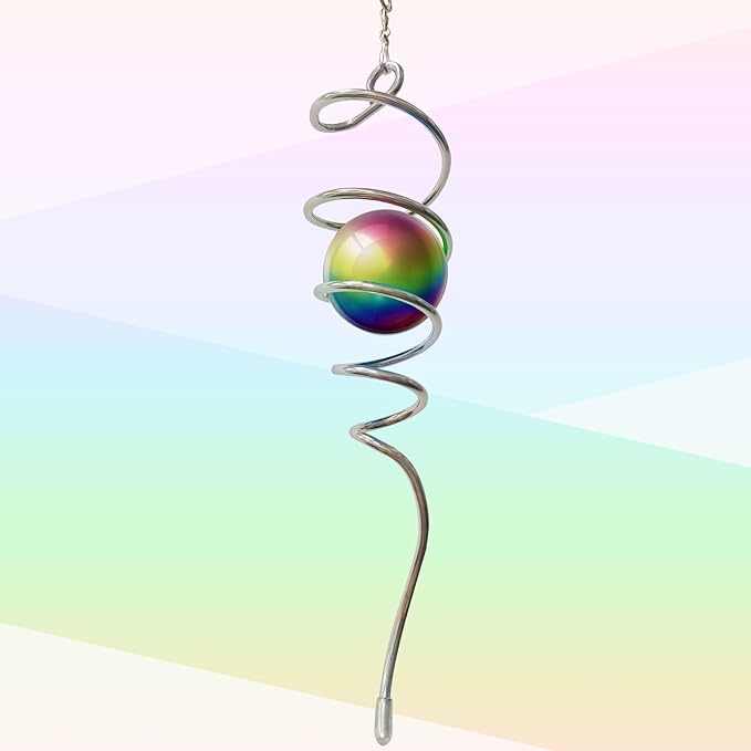 Gazing Ball Spiral Tail,Wind Spinners Stabilizer with Multi Colors Orb,Wind Spinner Tail Visual Illusion in Spinning,Hanging Rotating Art Decor,Indoor Outdoor Garden Decoration-13in