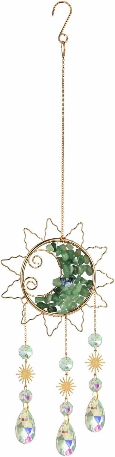 Sun & Crescent Crystal Suncatcher, Crystal Hanging Prism, Rainbow Makers, Housewarming Gift, Garden Decoration, Window Ornament (Green)