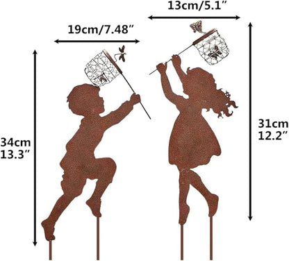 Garden Stakes,2 Pcs Boy and Girl Catching Butterflies Iron Garden Stakes Outdoor Patio Decor Artistic Yard Decorations Silhouette Yard Stakes for Farmhouse Garden and Outdoor
