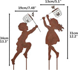 Boy Girl Silhouettes Chasing Vintage Metal Garden Sculpture, Yard Garden Metal Stake Rustic Decor Family Friends (Boy and girls one pair)