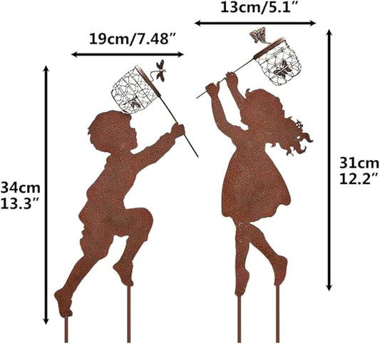 Boy Girl Silhouettes Chasing Vintage Metal Garden Sculpture, Yard Garden Metal Stake Rustic Decor Family Friends (Boy and girls one pair)