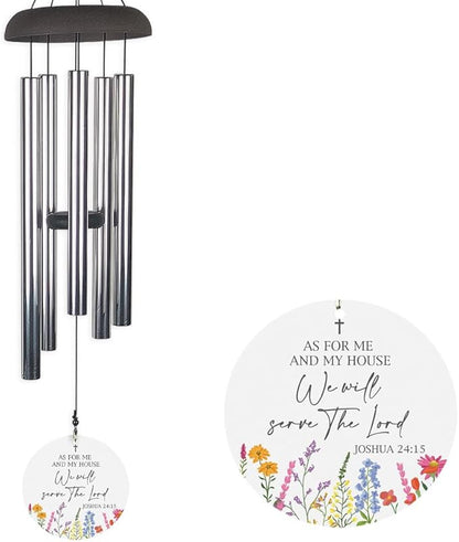 Religious Wind Chime, As for Me and My House, We Will Serve the Lord Joshua 24:15 Scripture with Floral Design, Outdoor Hanging Chime for Garden, Porch, or Patio