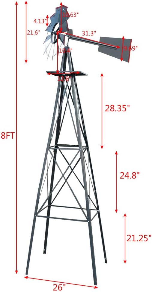 Metal Windmill for Garden Yard Decor, 8ft Tall Windmill Pinwheels Outdoor with Spinning Blades, Weather Vanes Lawn Ornaments, Weather-Resistant, Grey