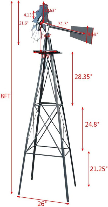 Metal Windmill for Garden Yard Decor, 8ft Tall Windmill Pinwheels Outdoor with Spinning Blades, Weather Vanes Lawn Ornaments, Weather-Resistant, Grey