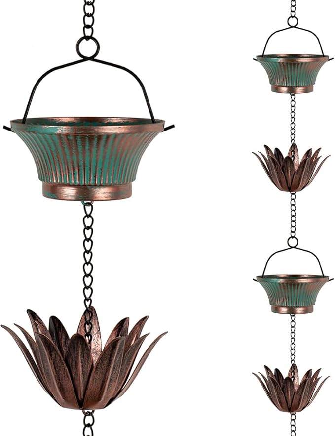 9.8FT Lotus Rain Chains for Outside, Rain Gutter Chain with 16 Cups, Adjustable Rain Catcher Chain for Eaves Drainage, Replacement for Downspout