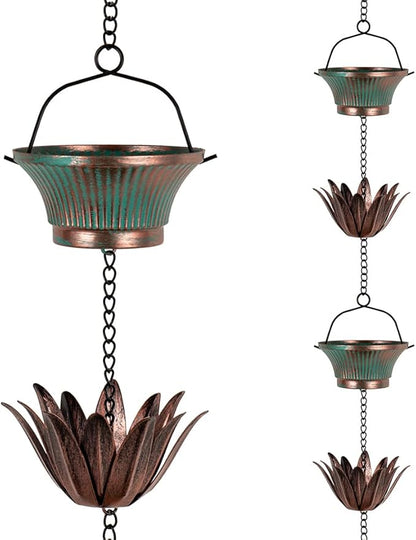 9.8FT Lotus Rain Chains for Outside, Rain Gutter Chain with 16 Cups, Adjustable Rain Catcher Chain for Eaves Drainage, Replacement for Downspout