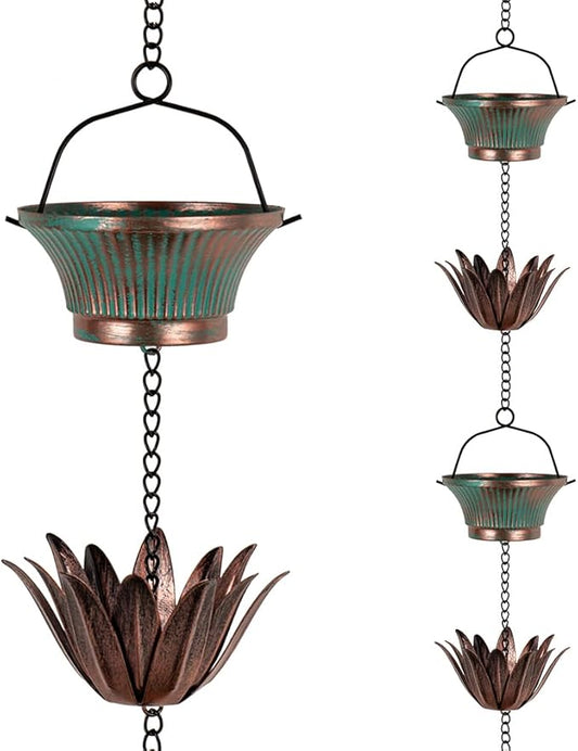 9.8FT Lotus Rain Chains for Outside, Rain Gutter Chain with 16 Cups, Adjustable Rain Catcher Chain for Eaves Drainage, Replacement for Downspout