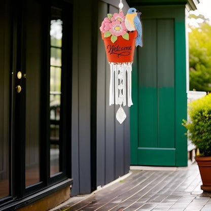 Carson 14" 'Bluebird' Welcome Flower Pot Wind Chime - Floral Chime - Gardening Windchime for Outdoor Decor - Garden Patio Porch