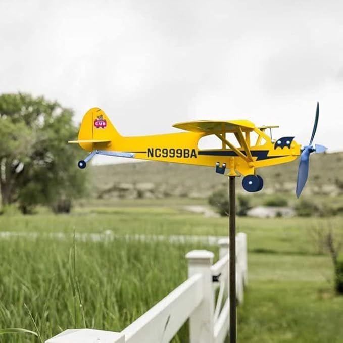 Handmade Piper J3 Cub Airplane Weathervane for Yard Airplane Wind Spinner Metal Windmill Outdoor Sculpture Float Plane Model (Large)