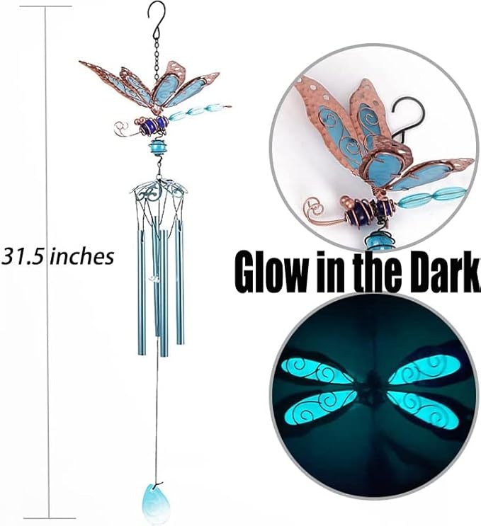 Luminous Dragonfly Butterfly Wind Chimes-Creative Hanging Glow in Dark Night Outdoor Windchimes Decoration for Home Garden Window Yard Patio (Dragonfly) Blue