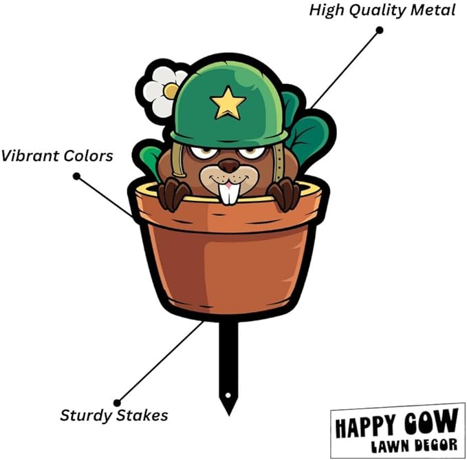 Garden Outdoor Small Metal Art 7"x 6" Weather Resistant Lawn Ornaments Sturdy Stakes Yard Sign Decoration for Patio (Beaver with Army Helmet)