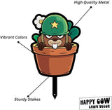 Garden Outdoor Small Metal Art 7"x 6" Weather Resistant Lawn Ornaments Sturdy Stakes Yard Sign Decoration for Patio (Beaver with Army Helmet)