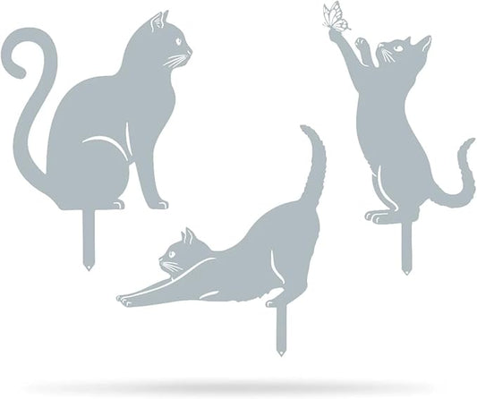 RealSteel I 3 Pack Steel Cat Garden Decor I Outdoor Yard Decorations I Gift for Cat Lovers I Lawn Ornaments and Statues I Garden Signs Decorative Outdoor - Textured Silver