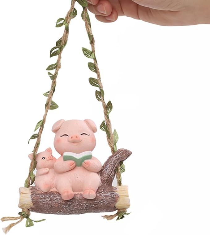 Swing Animals Garden Statue Outdoor Decor, Resin Hanging Animals Figurine Tree Ornaments Yard Art Sculpture for Stump Branch Patio Lawn Decorations (Mom & Baby Pig)