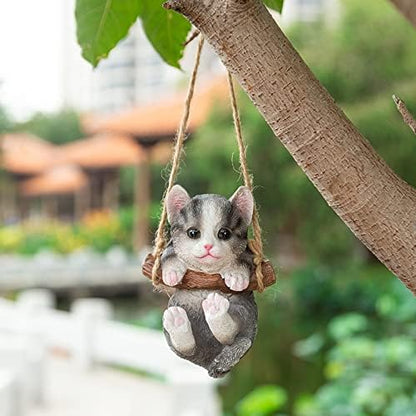 HYFAN Resin Cute Swing Small Cat Sculpture Outdoor Garden Home Office Room Hanging Decor Statue Figurine Pet Ornament Decoration with String (Gray)