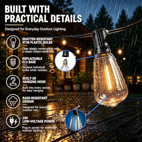 ST38 Outdoor String Lights 65FT - Warm White, App/Remote Control