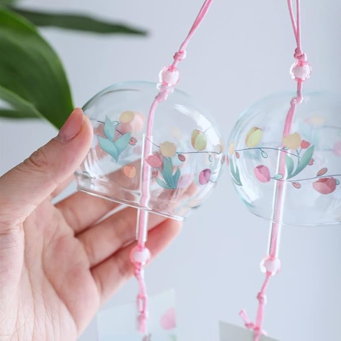 Falytemow Japanese Wind Chimes Romantic Flowers Small Wind Bells Handmade Glass Japanese Style Pendant for Birthday Present Home Decors (Tulip, Orchid, Lotus, Clover, 7 cm)