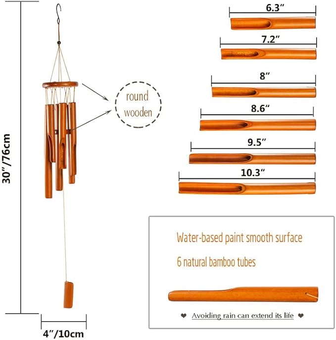 Wooden Wind Chimes Outdoor/Indoor, Natural Bamboo Wind Chimes with Beautiful Deep Tone for Garden/Home Decor 30 Inches, Brown