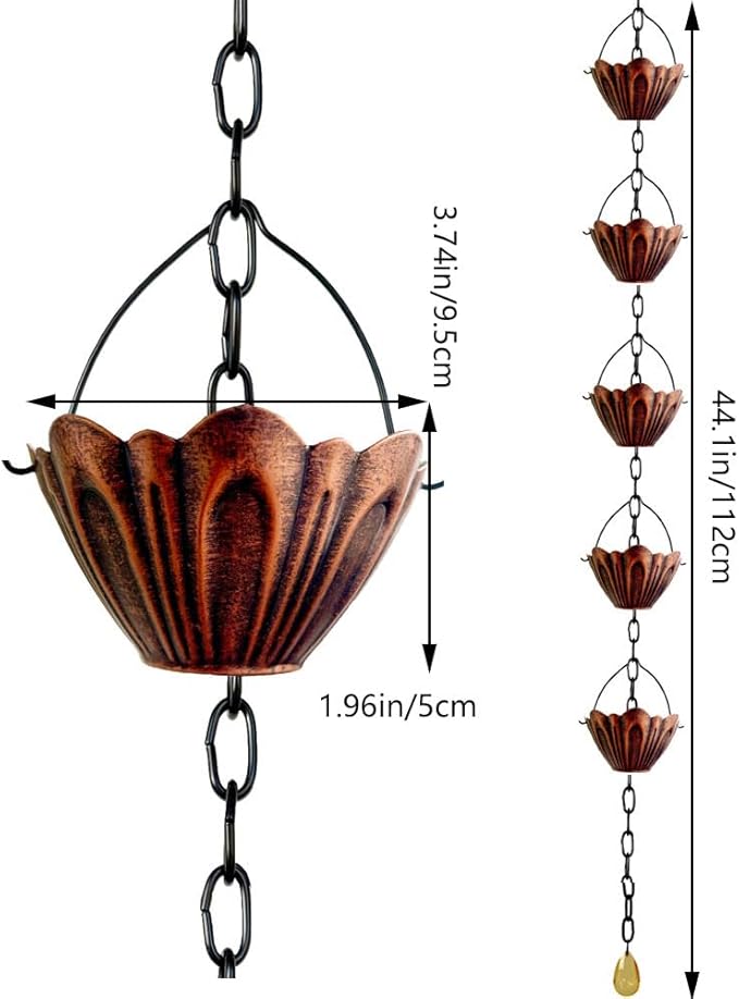 Rain Chain Gutter Downspout Catcher Outside Water Diverter Decorative Garden Rain Cups Chime Home Decor (Bronze)