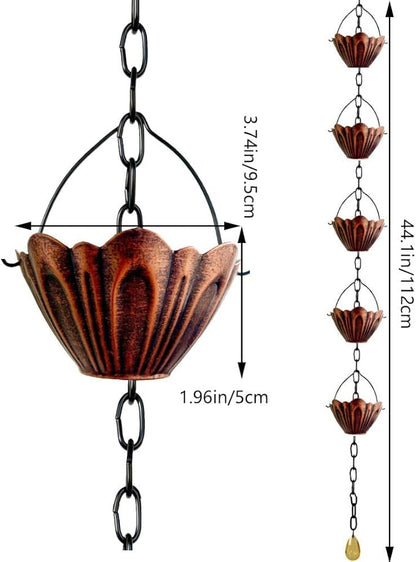 Rain Chain Gutter Downspout Catcher Outside Water Diverter Decorative Garden Rain Cups Chime Home Decor (Bronze)
