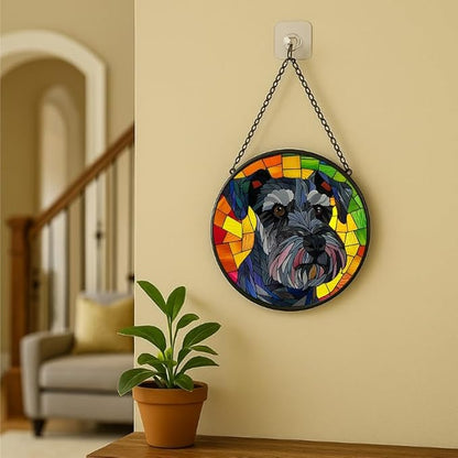 Stained Glass Window Hanging Schnauzer Dog， 7.8in Sun Catchers Panel for Indoor Decorative Display for Mom， Wife， Lovers， Festive