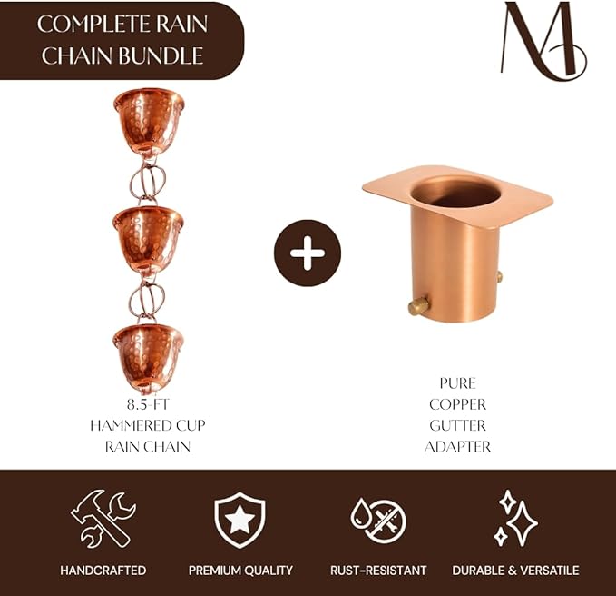 Monarch Rain Chains Pure Copper Hammered Cup Rain Chain with Gutter Adapter, 8.5 ft Decorative Downspout Replacement & Copper Rain Chain Gutter Adapter