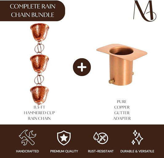 Monarch Rain Chains Pure Copper Hammered Cup Rain Chain with Gutter Adapter, 8.5 ft Decorative Downspout Replacement & Copper Rain Chain Gutter Adapter