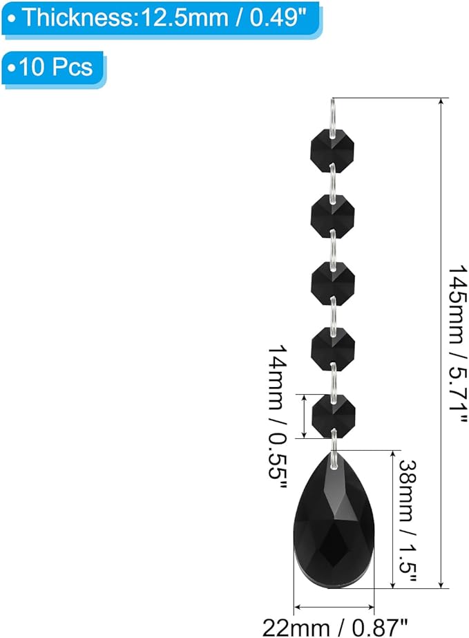 PATIKIL Teardrop Crystal Chandelier Pendants Beads, 10 Pack 145mm Length 38mm Chandelier Prisms Parts Ornaments Hanging Beads for DIY Arts Crafts Decoration, Black