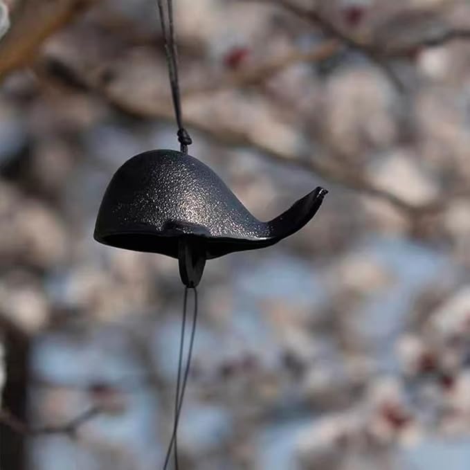 Japanese Bless Whale Small Wind Chimes Outdoor, Iwachu Cast Iron Lucky Temple Wind Bell Memorial and Sympathy Wind Chimes for Outside Good Luck for Garden, Patio, Balcony