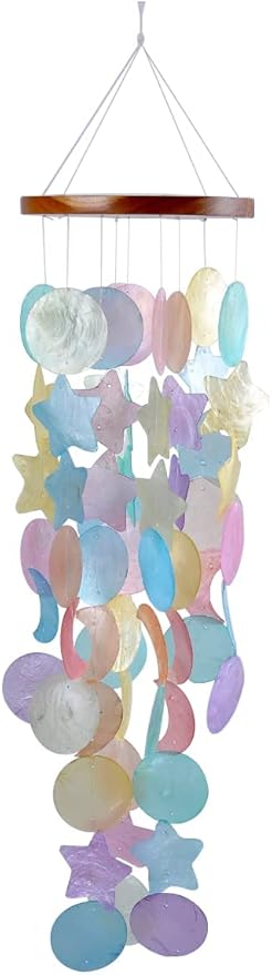 Capiz Shell Wind Chimes, Handmade Memorial Wind Chime with Melodious Sound, Sturdy Wood Top, Multicolor
