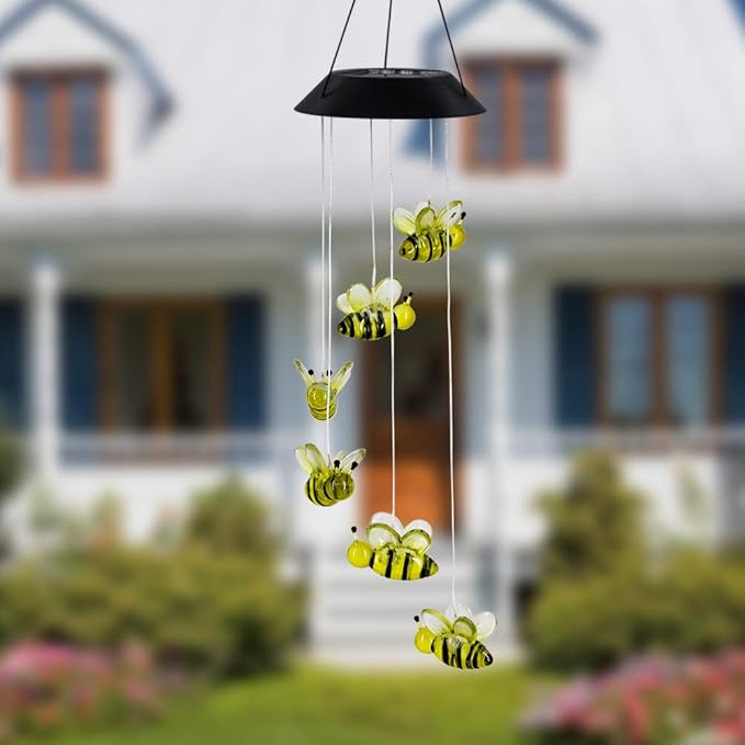 MorTime LED Solar Bee Wind Chime, 25" Mobile Hanging Wind Chime for Home Garden Decoration, Automatic Light Changing Color(Honeybee)