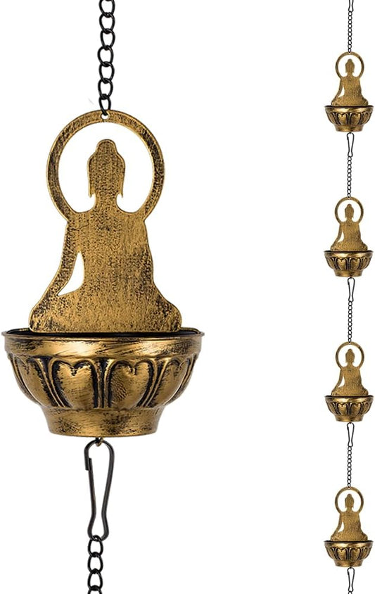 10.5ft Rain Chain for Outside, Rain Chain with 10 Buddha Cups, Adjustable Rain Catcher Chain for Outside, Replacement Downspout for Gutters, Eaves, Drainage