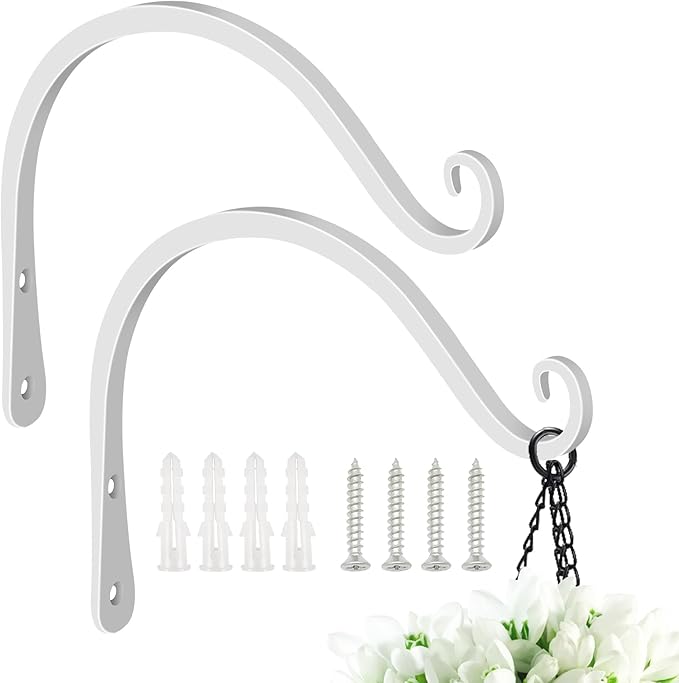 FEED GARDEN Heavy Duty Plant Hooks - 2 Pack 8 Inch Wall Mounted Hanging Brackets, 44lb Capacity Steel Plant Hangers for Bird Feeders, Baskets, Wind Chimes -White