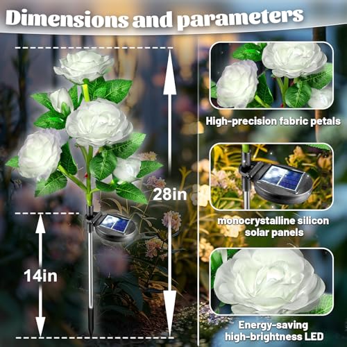 Solar Garden Lights - 10 Waterproof White LED Rose Flowers (2 Pack)