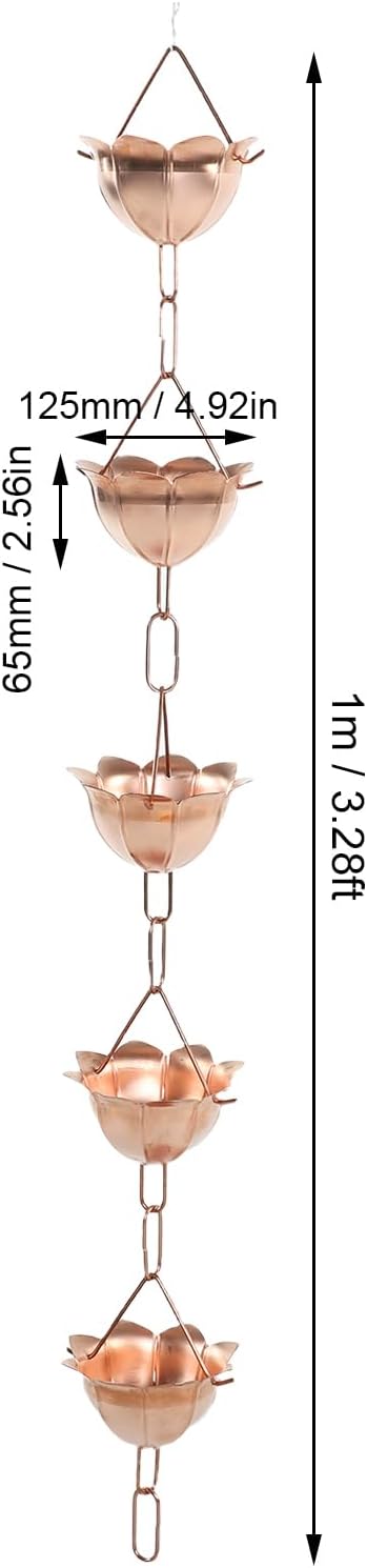 AYNEFY Rain Chain, 3.28ft Flower Cup Link Rain Gutter with Wide Mouth Design Decorative Gutter Alternative for Roof Drainage Copper Water Catcher for Home Decor