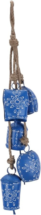 Hand-Painted Christmas Bell Wind Chime 25”– 5 Hanging Metal Witch Cow Bells Floral Design – Outdoor & Indoor Rustic Decor for Garden, Patio, Porch, Balcony, Entryway, Farmhouse,Gift (Sky Blue)