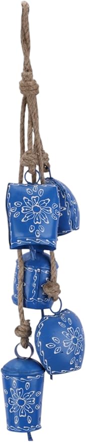 Christmas Bell Wind Chime 25” – 5 Pcs Metal Jingle Bells on Jute Rope –Rustic Farmhouse Holiday Décor, Vintage Sleigh Bells Wind Chime for Door, Fireplace Mantel, Tree & Home Decoration (Blue)