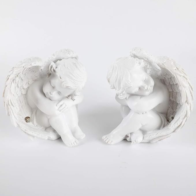 JUNIQUTE Sleepy Time Little Angel with Light Cupid Garden Statue Home Decor Cherub Statue Baby Sculpture Figurine Set of 2