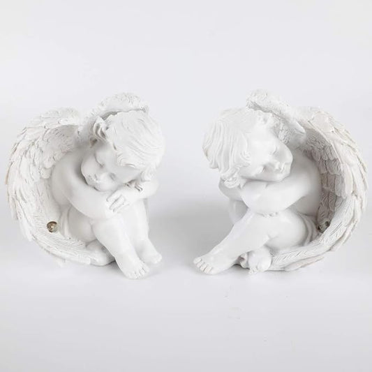 JUNIQUTE Sleepy Time Little Angel with Light Cupid Garden Statue Home Decor Cherub Statue Baby Sculpture Figurine Set of 2