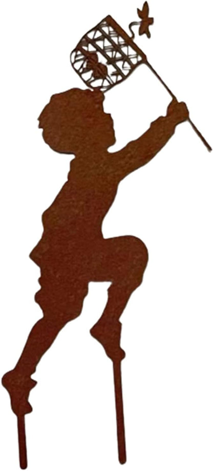 Iron Children Chasing Butterfly Statues Rustic Kids Silhouette Garden Yard Stakes Art Patio Porch Lawn Ornaments (Boy)