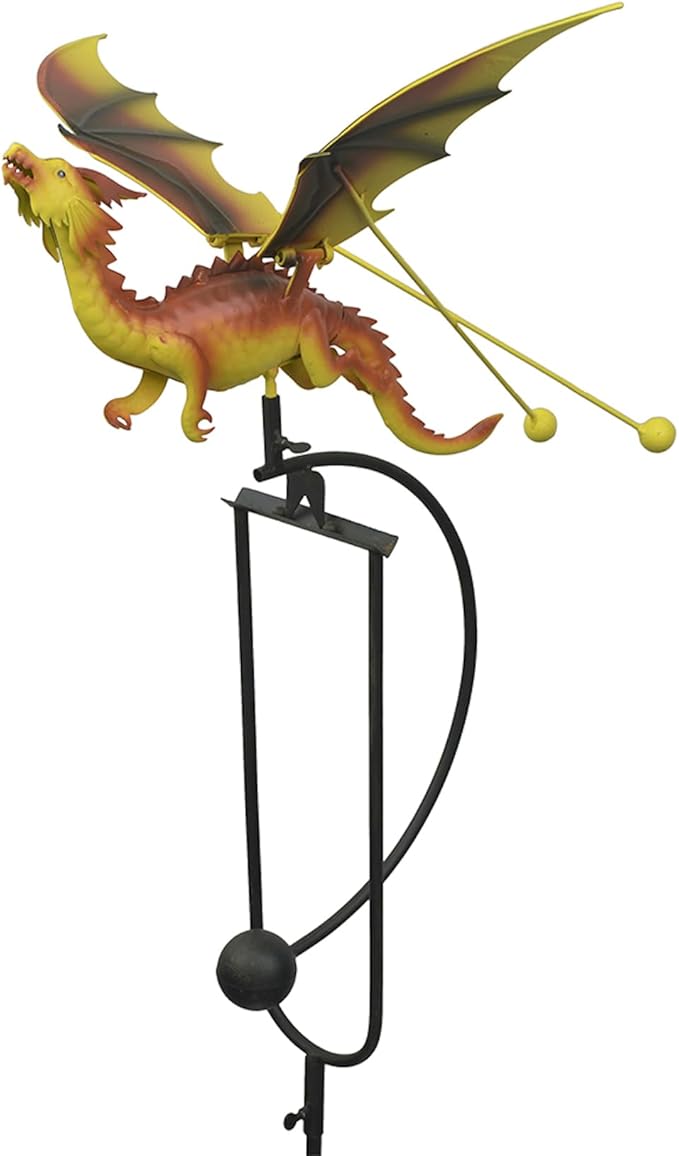 Red Carpet Studios Outdoor Sculpture - Balancing Kinetic Garden Stake Rocker, 50.25" Tall, Yellow Dragon