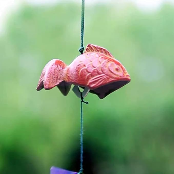 Set of 2, Japanese Bless Small Wind Chimes Outdoor, Iwachu Cast Iron Lucky Temple Wind Bell Memorial and Sympathy Wind Chimes for Outside Good Luck for Garden, Patio, Balcony (Goldfish and owl)